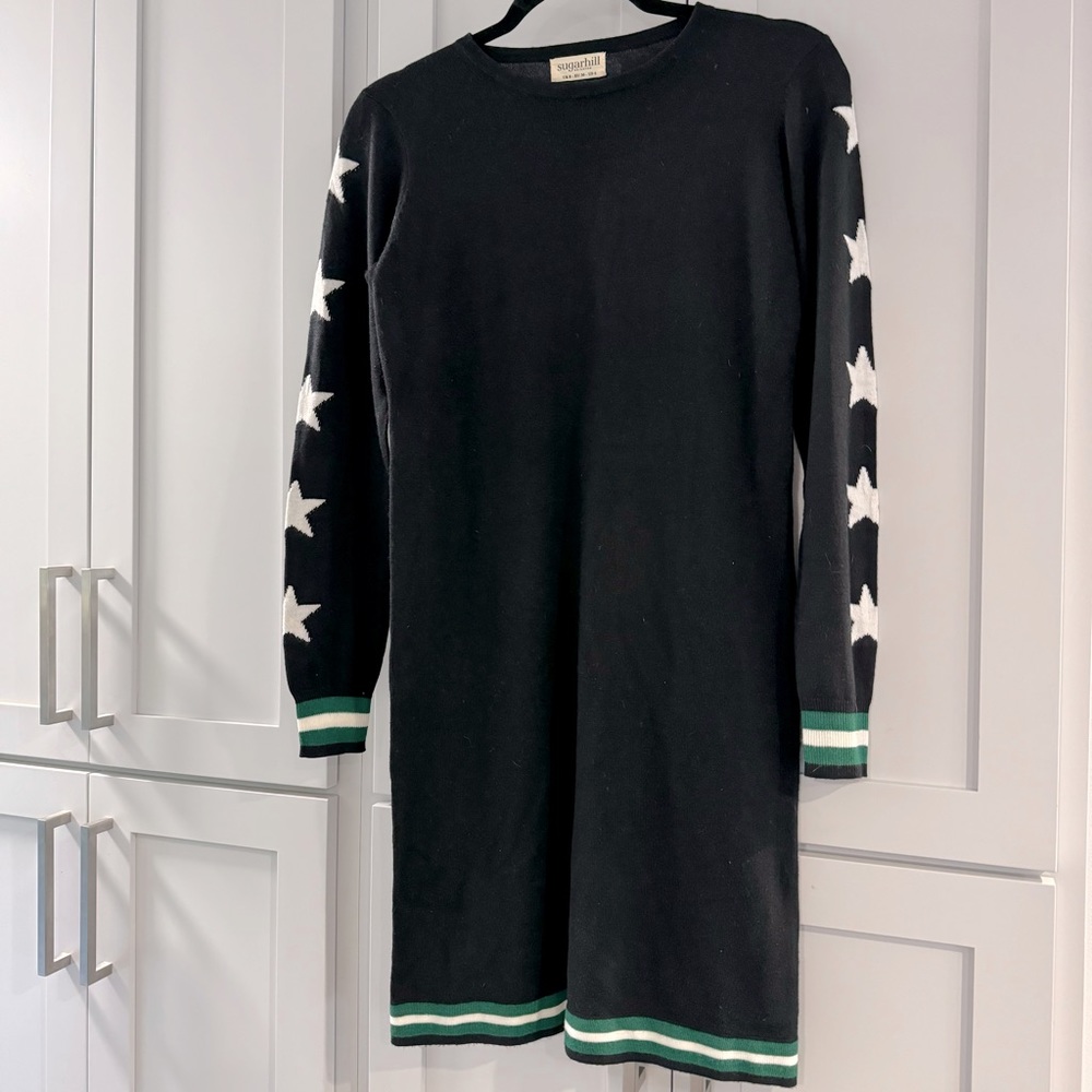Sugarhill Brighton Black Long Sleeve Sweater Dress White Stars Green Trim size 8